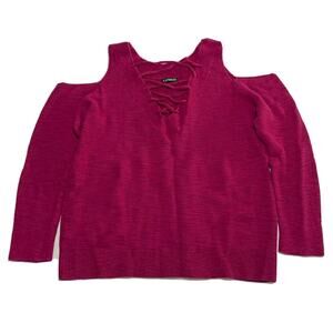 Express Sweater Top Medium Womens Pink Cold Shoulder Long Sleeve V Neck Knit